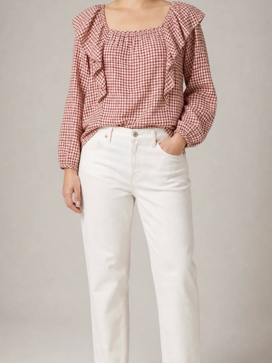 J. Crew Tops - J.Crew Red Gingham Ruffle Square Neck Cotton Blouse Top XL